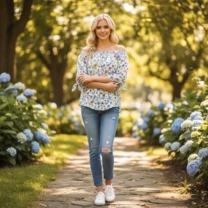 J. MCLAUGHLIN Natasha Tie Sleeve Off Shoulder Floral Top Blouse Summer Small